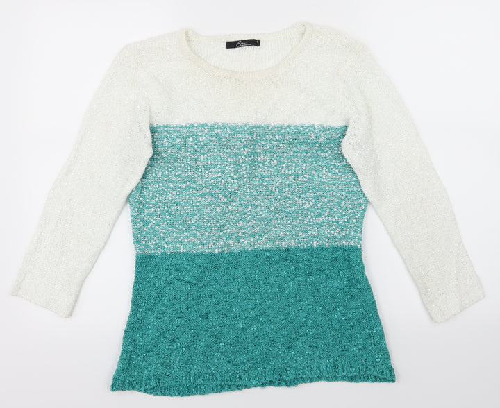 BM Womens Green Striped Pullover Jumper Size S