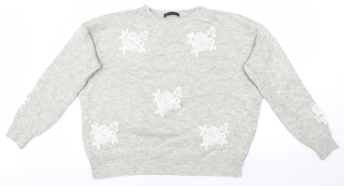 M&S Womens Grey   Pullover Jumper Size L  - Flowers
