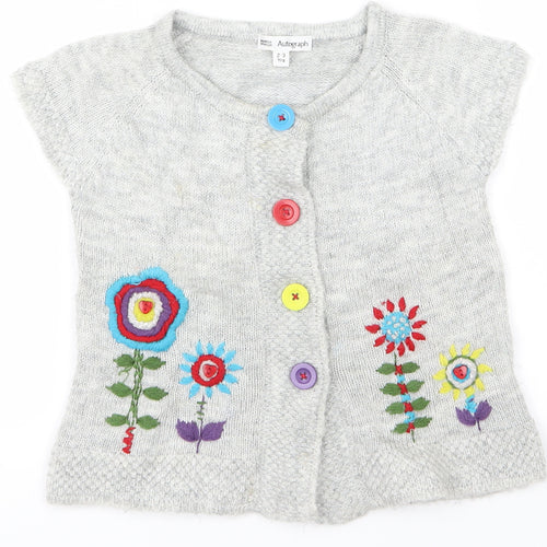M&S Girls Grey   Cardigan Jumper Size 2-3 Years  - Flowers