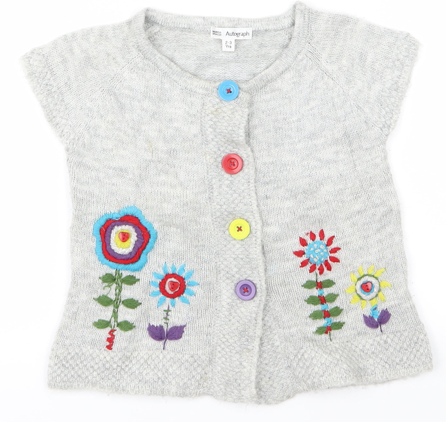 M&S Girls Grey   Cardigan Jumper Size 2-3 Years  - Flowers