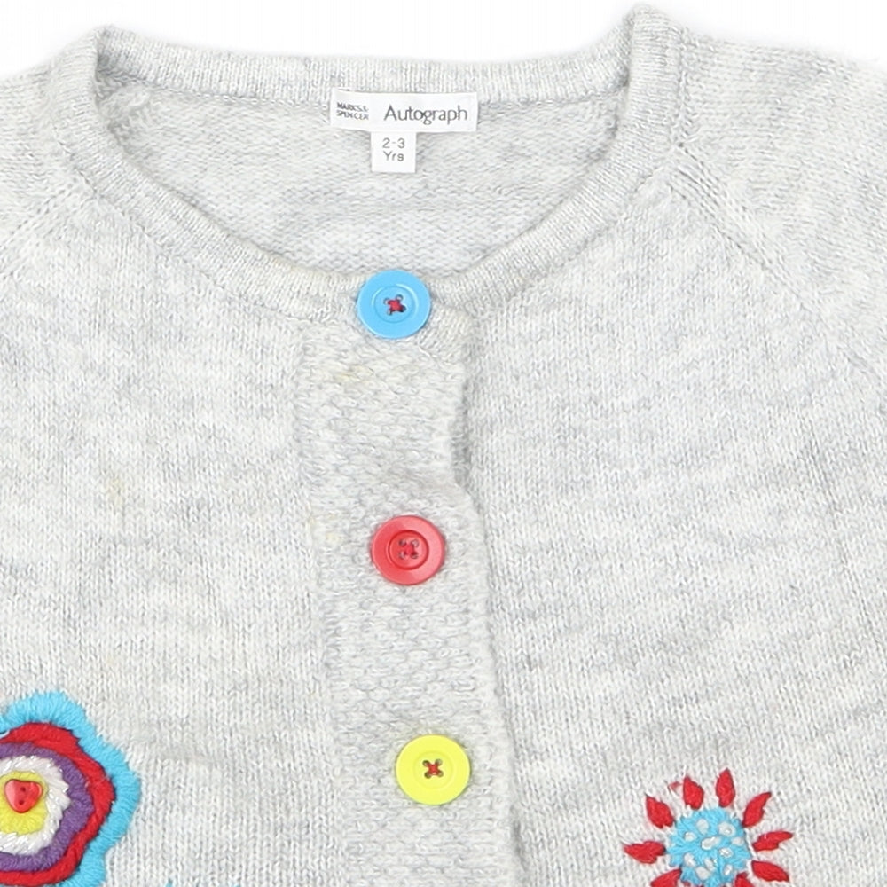 M&S Girls Grey   Cardigan Jumper Size 2-3 Years  - Flowers