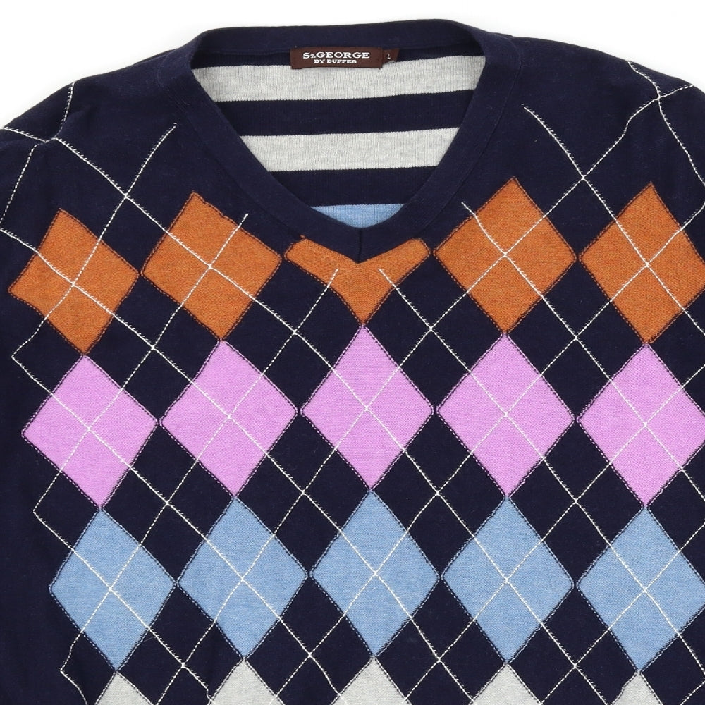 St George by Duffer Mens Blue Argyle/Diamond  Pullover Jumper Size L