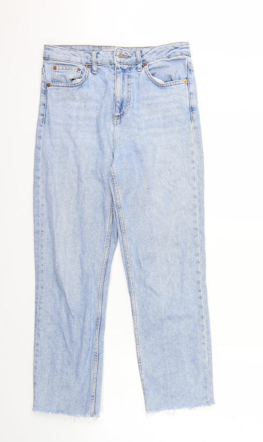Front view of Topshop women’s blue cropped jeans, size UK 28, 25-inch leg