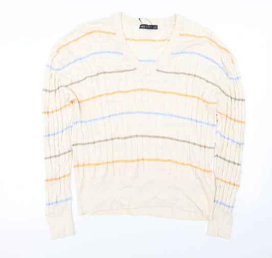 Front view of Marks & Spencer men’s ivory striped jumper, size XL