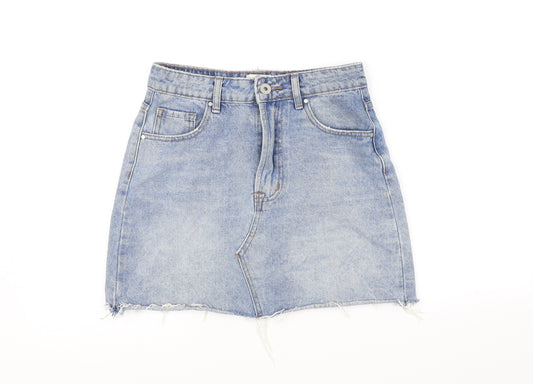 Front view of 91 Cotton women’s blue a-line skirt, size UK 6