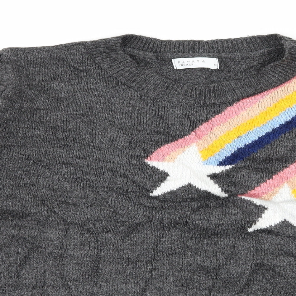 Papaya Womens Grey Geometric Knit Pullover Jumper Size M  - Shooting Star