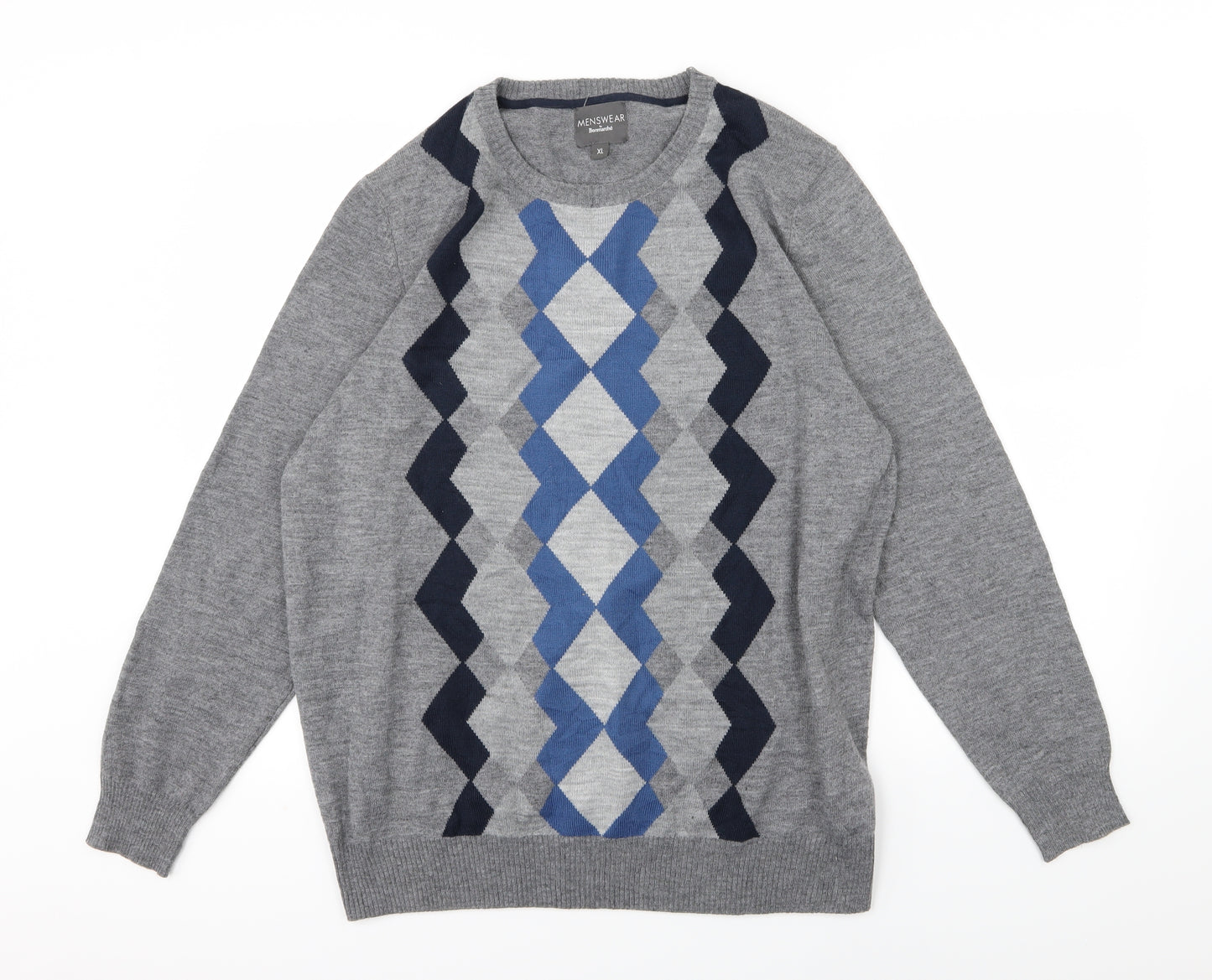 Bonmarché Mens Grey Geometric Knit Pullover Jumper Size XL