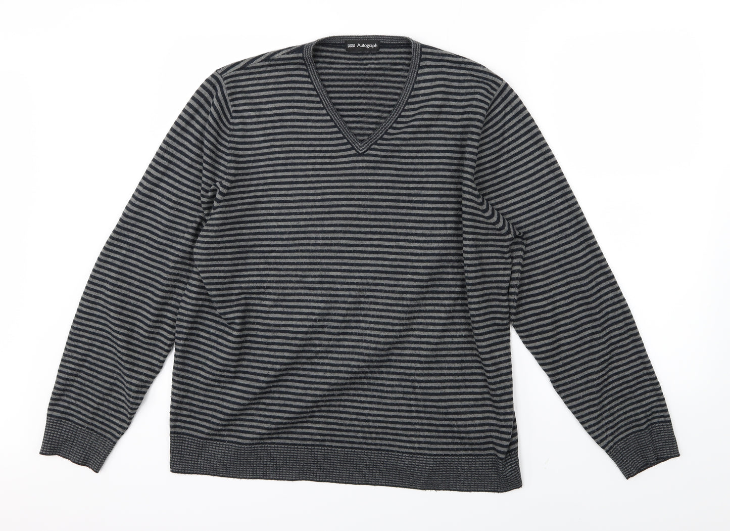 Marks and Spencer Mens Grey Striped Knit Pullover Jumper Size L