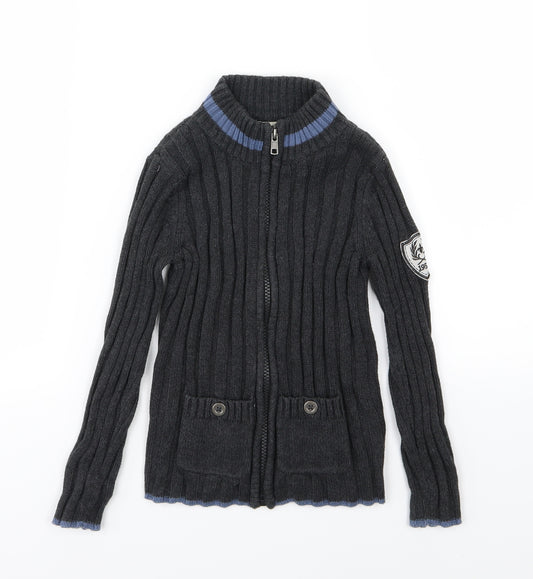 Front view of E of M boys’ grey knit full zip jumper, size 4-5, years