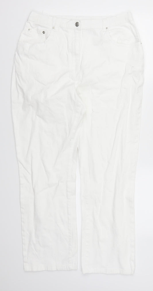 Front view of women’s white denim straight jeans, size UK 30, in, 25-inch leg