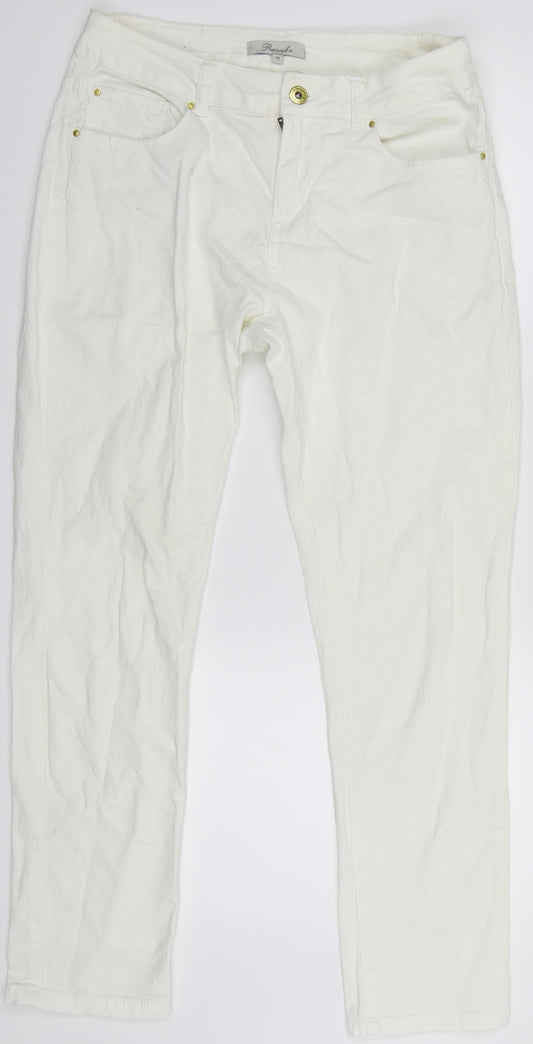 Front view of Peacocks women’s white denim skinny jeans, size UK 10, 27.5-inch leg