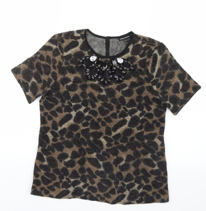 Warehouse Womens Brown Animal Print  Basic T-Shirt Size 10
