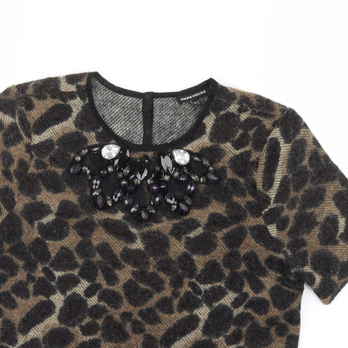 Warehouse Womens Brown Animal Print  Basic T-Shirt Size 10