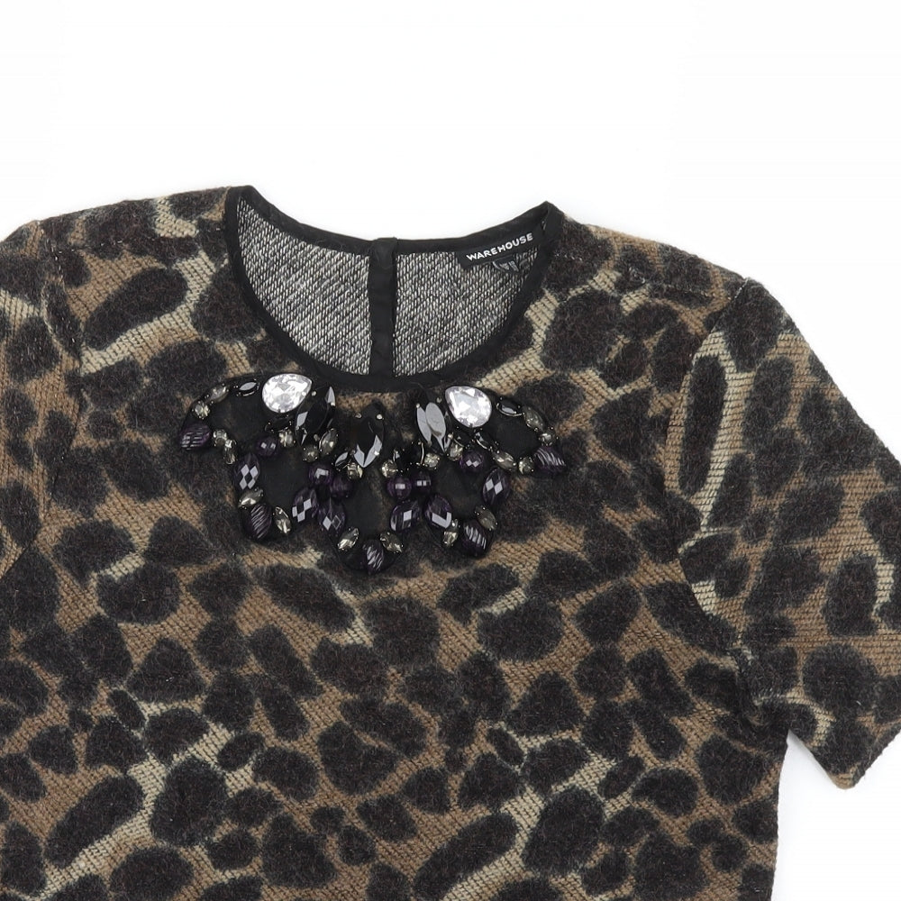 Warehouse Womens Brown Animal Print  Basic T-Shirt Size 10