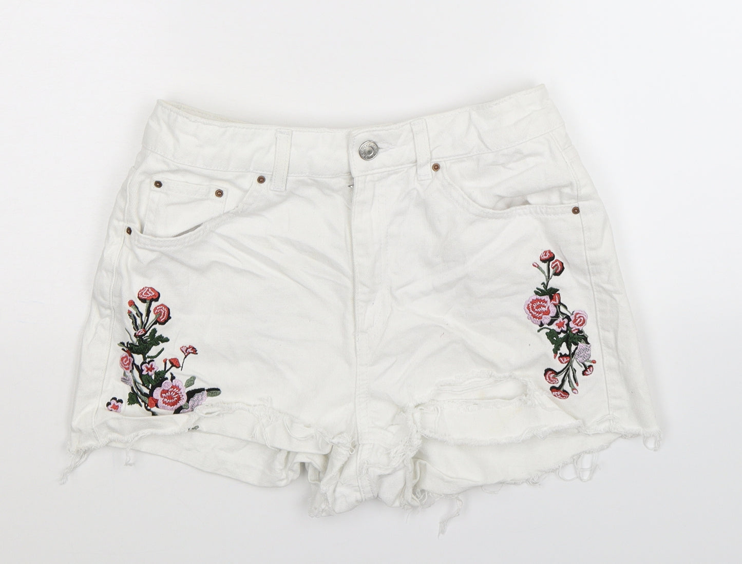 Topshop Womens White Floral Denim Hot Pants Shorts Size 10