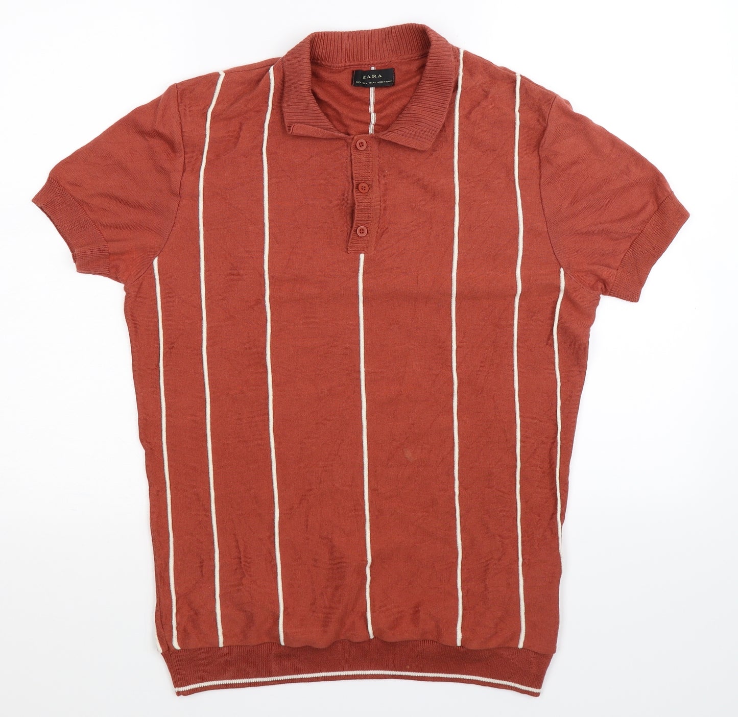 Zara Mens Brown Striped Knit  Polo Size L