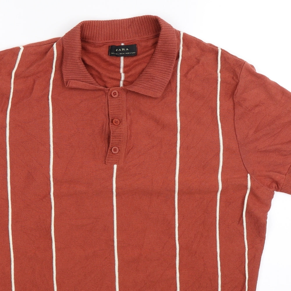 Zara Mens Brown Striped Knit  Polo Size L