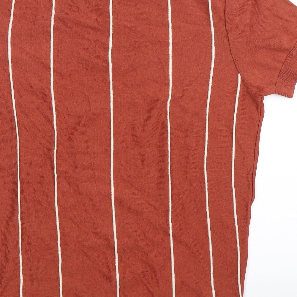 Zara Mens Brown Striped Knit  Polo Size L