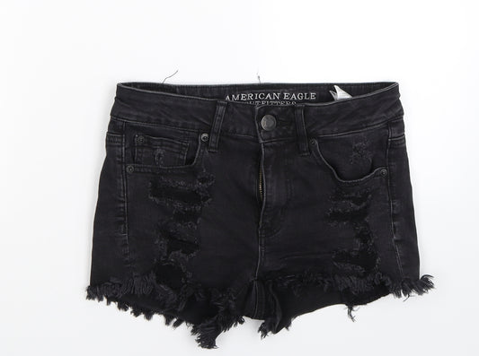 Front view of American Eagle Outfitters women’s black denim hot pants shorts, size UK 6, - distressed