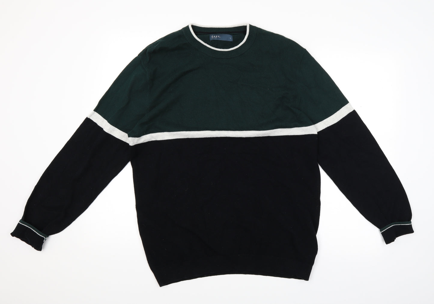 Easy Mens Green Striped Knit Pullover Jumper Size L  - block colours