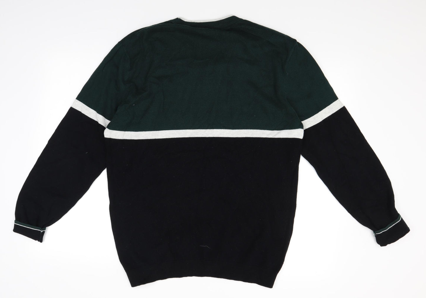 Easy Mens Green Striped Knit Pullover Jumper Size L  - block colours