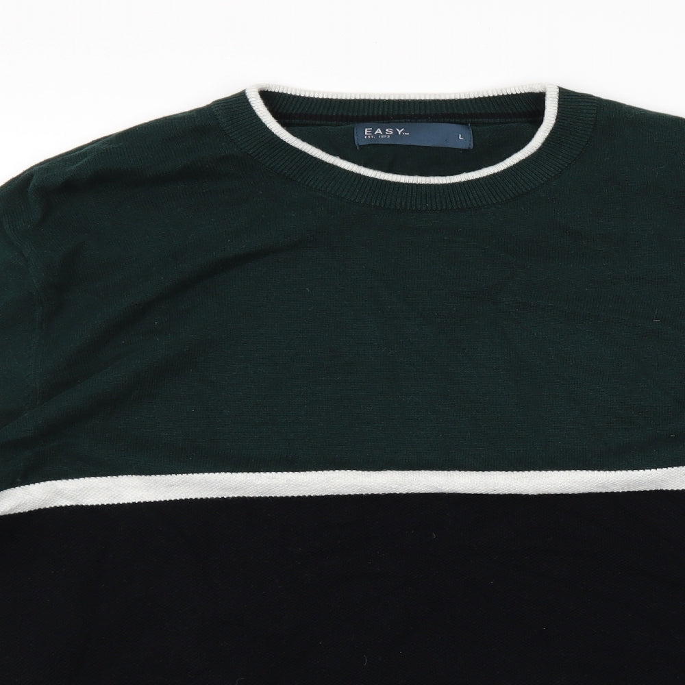 Easy Mens Green Striped Knit Pullover Jumper Size L  - block colours