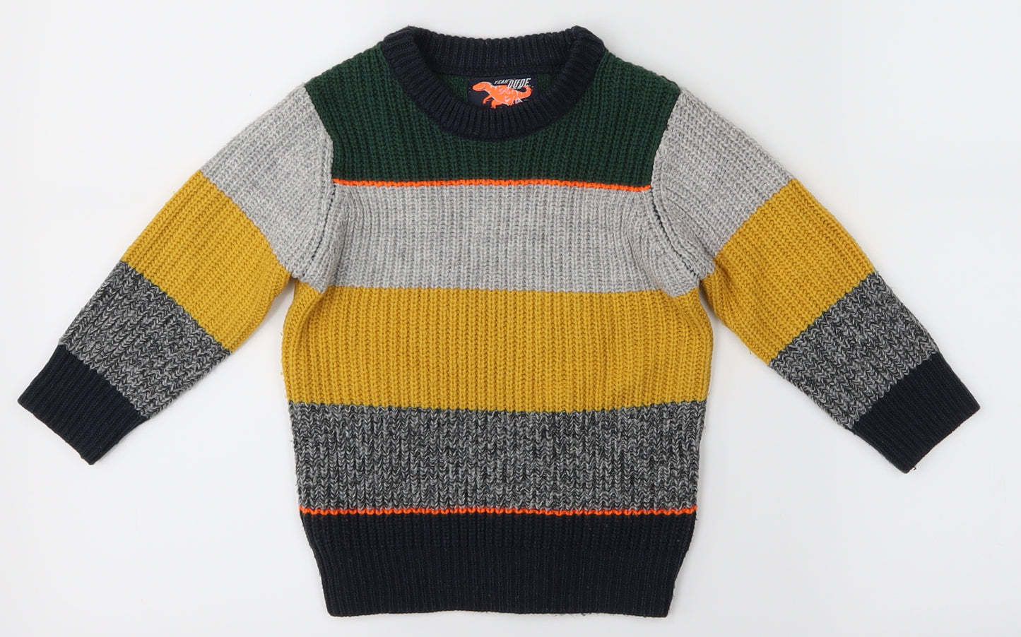 F&F Boys Green Striped  Pullover Jumper Size 2-3 Years