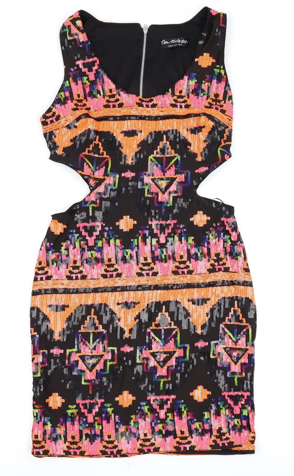 Miss Selfridge Womens Black Geometric  Bodycon  Size 12  - Cut Out Waist
