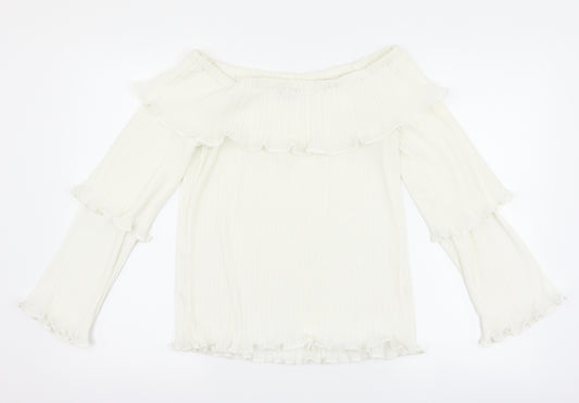 Front view of PRETTYLITTLETHING women’s white basic blouse, size UK 12, - pleated