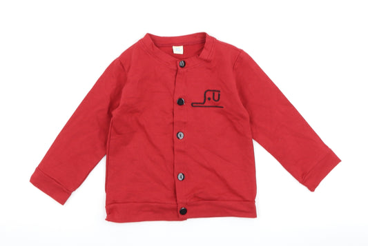 Front view of Preworn boys’ red jacket, size XL, - slogan