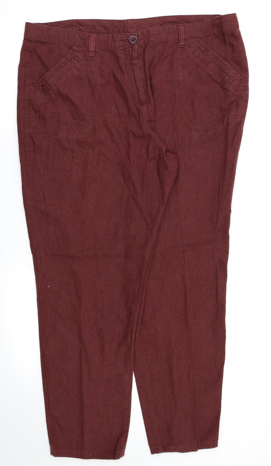 Front view of BHS women’s red trousers, size UK 18, 27-inch leg