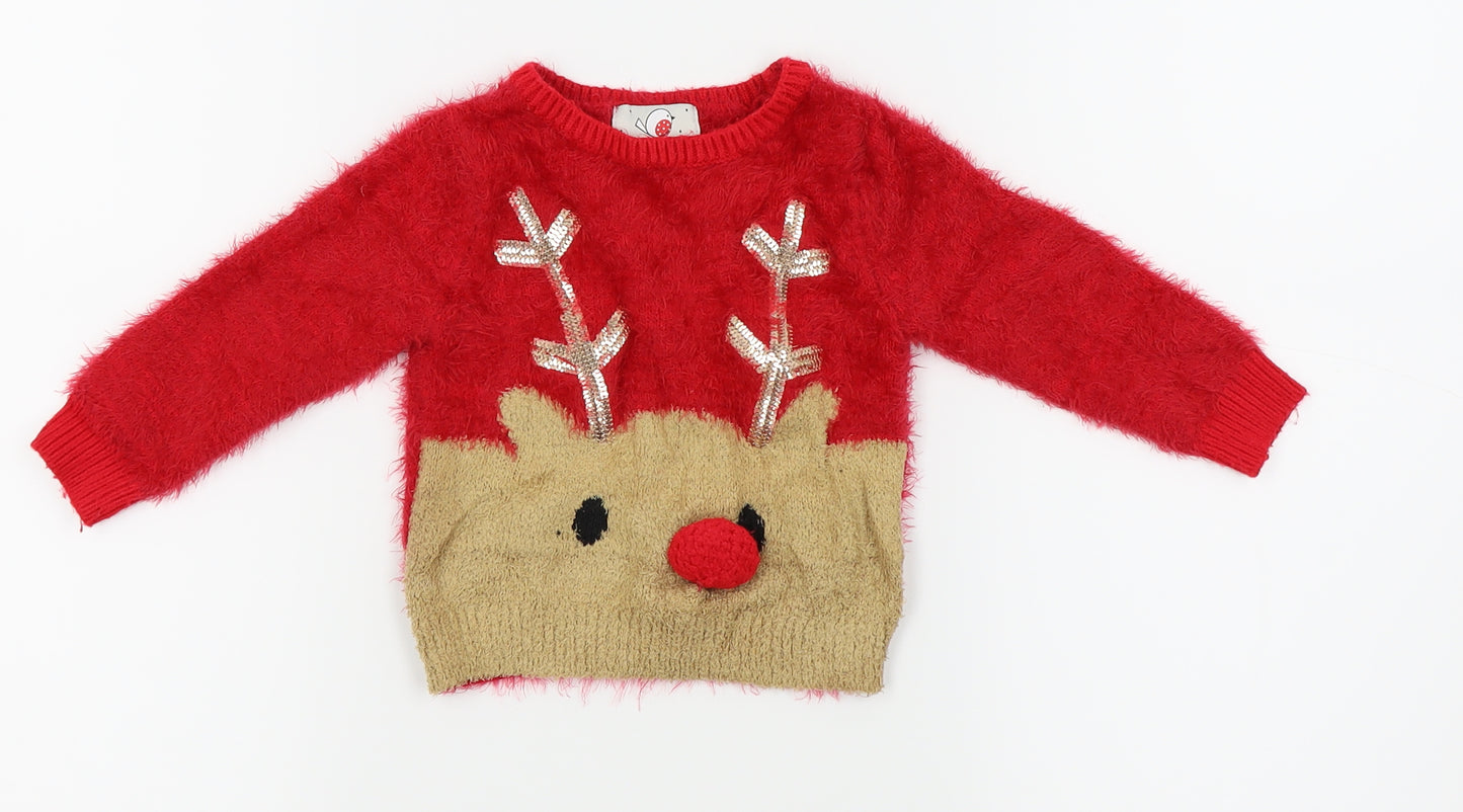 Asda George Girls Red   Pullover Jumper Size 12-18 Months  - Christmas Jumper
