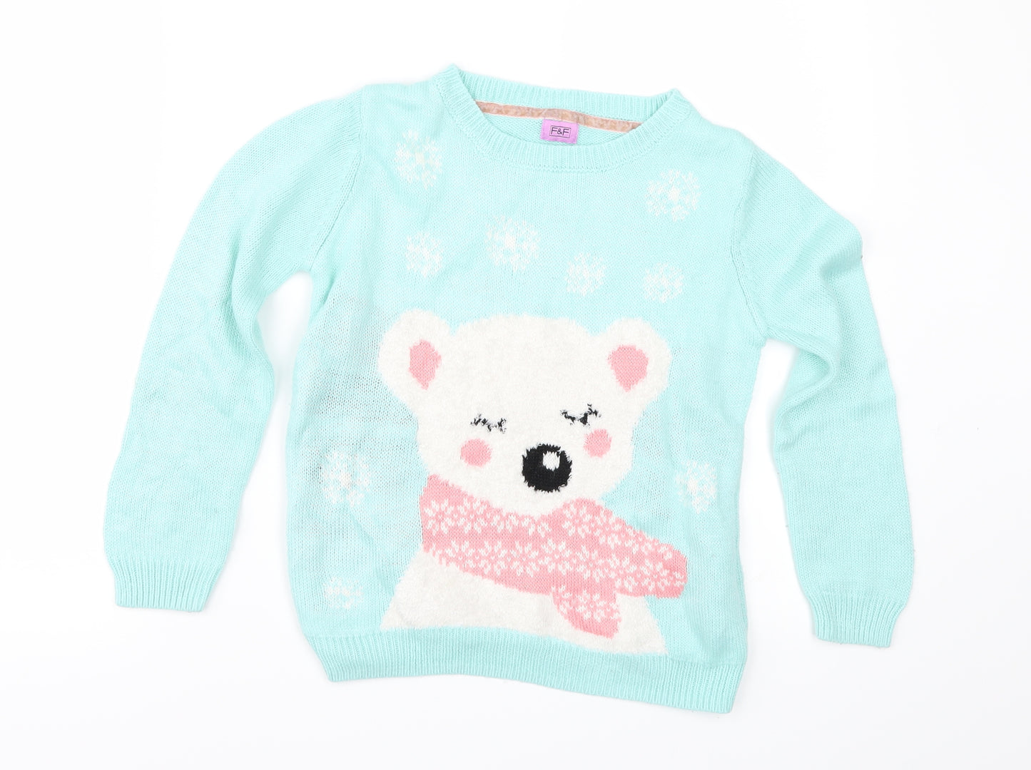 F&F Girls Green   Pullover Jumper Size 6-7 Years  - bear