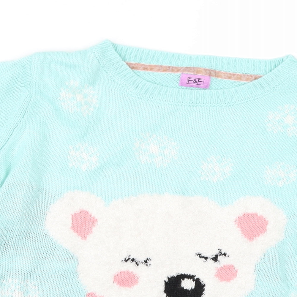F&F Girls Green   Pullover Jumper Size 6-7 Years  - bear
