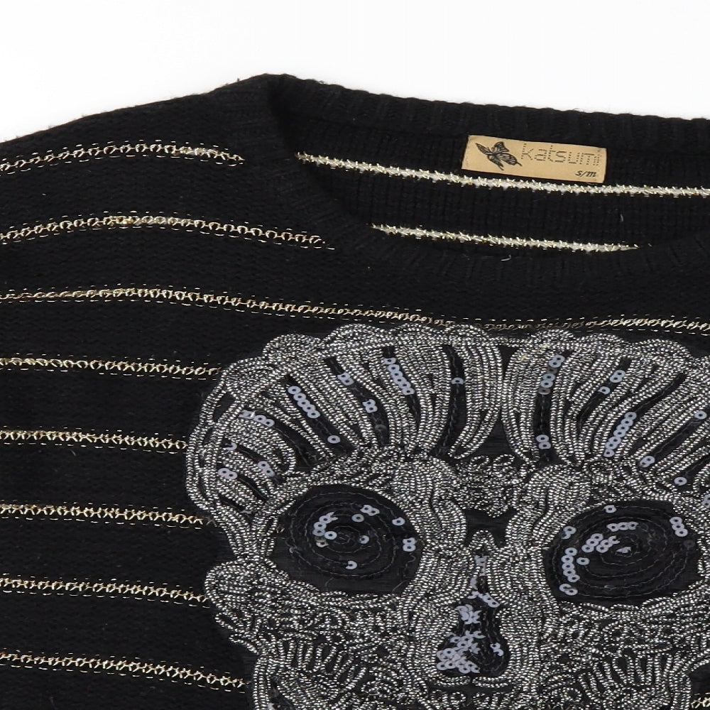 katsui Womens Black Striped   Jumper Size M  - Skull
