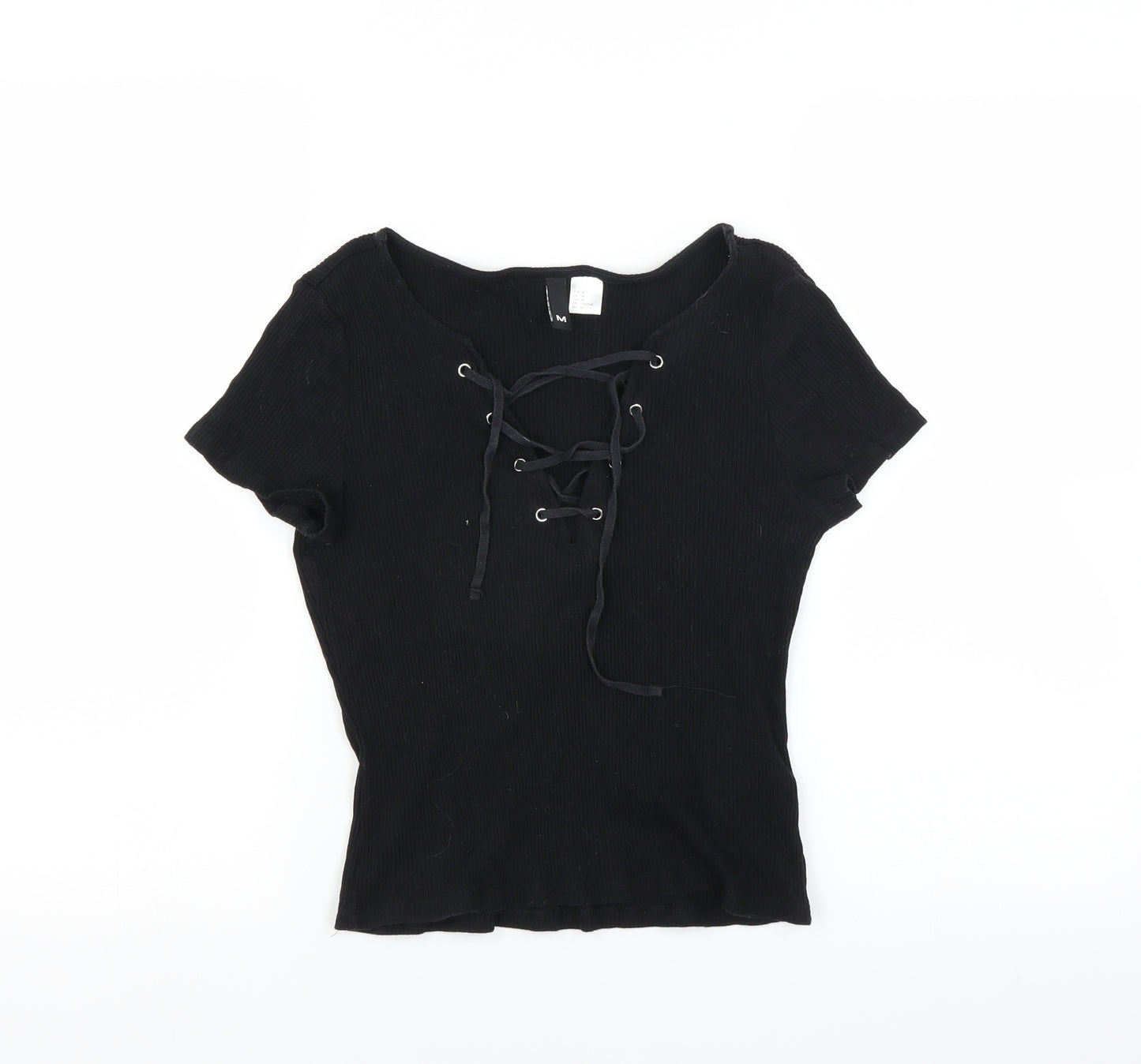 Divided by H&M Womens Black   Basic T-Shirt Size M  - lace up neckline detail