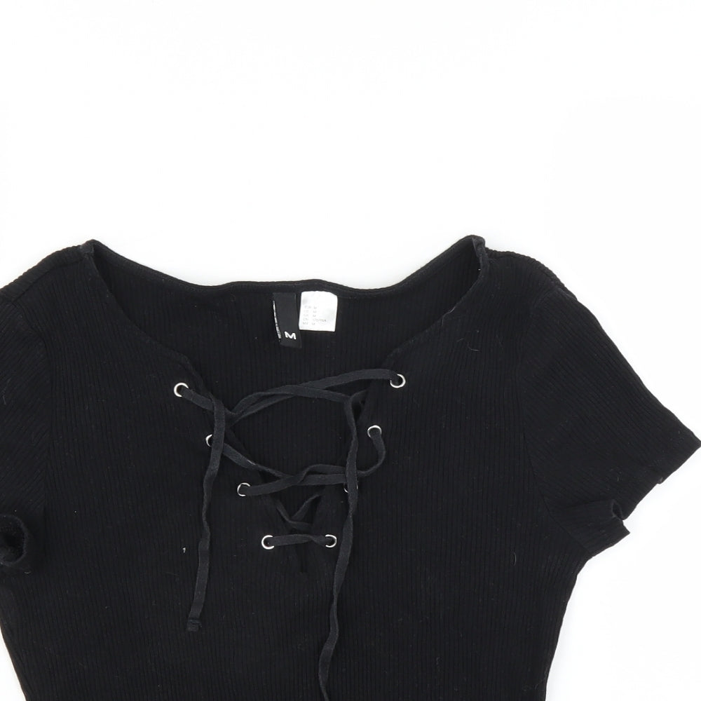 Divided by H&M Womens Black   Basic T-Shirt Size M  - lace up neckline detail