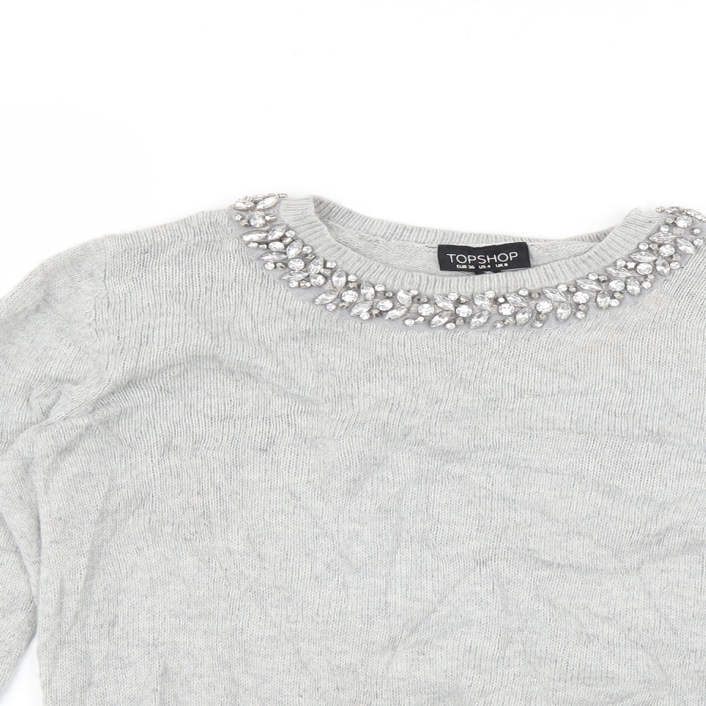 Topshop Womens Grey   Pullover Jumper Size 8  - beaded neckline