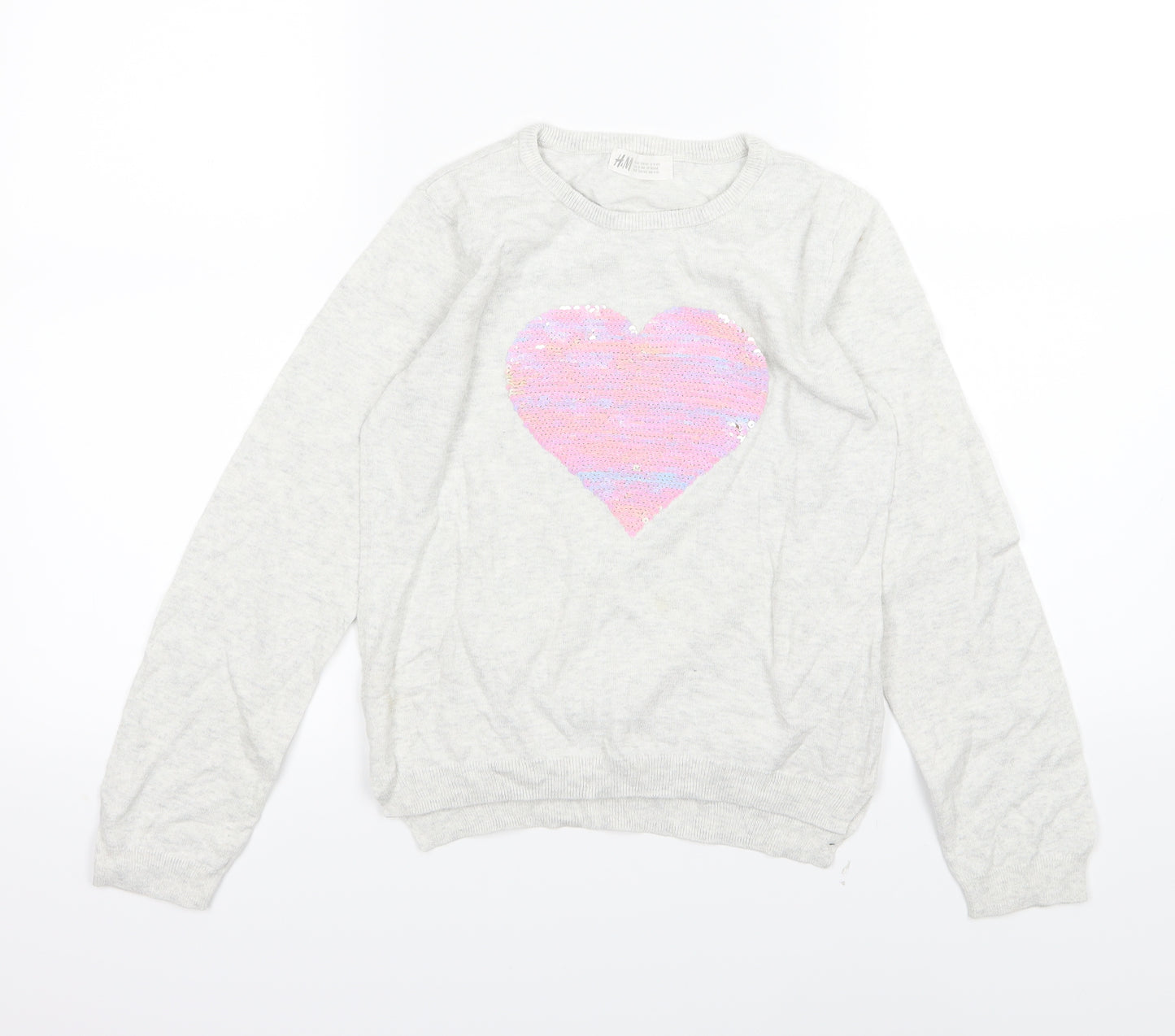 H&M Girls Grey  Knit Pullover Jumper Size 8-9 Years  - heart sequin