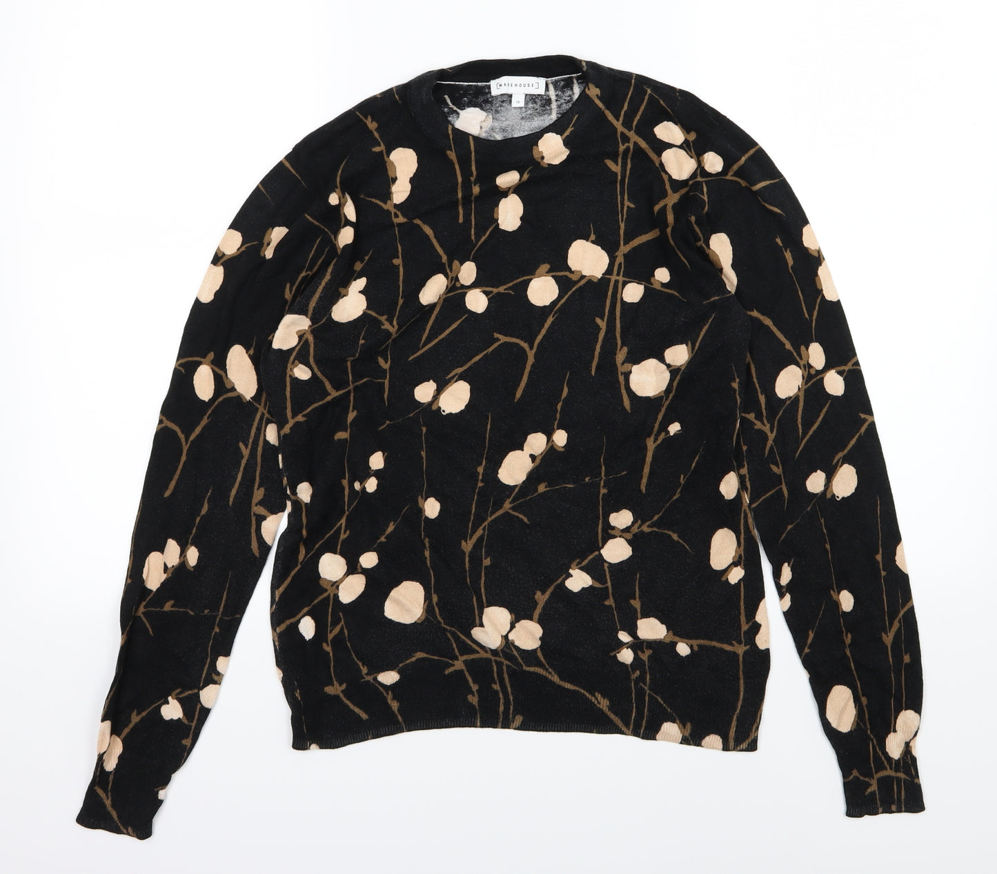 Warehouse Womens Black Floral Knit Pullover Jumper Size 12