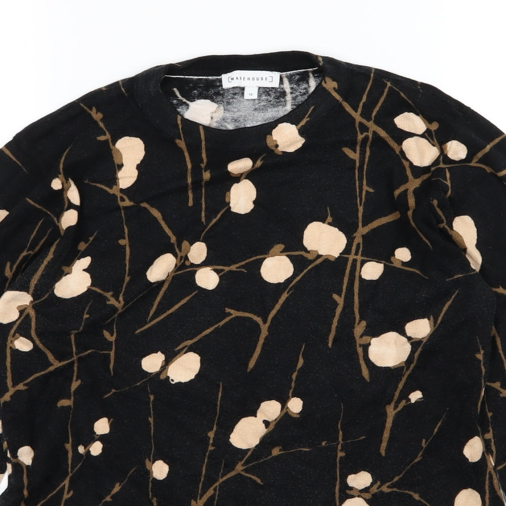 Warehouse Womens Black Floral Knit Pullover Jumper Size 12