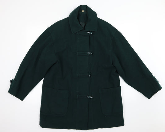 Front view of Preworn women’s green overcoat coat, size UK 12