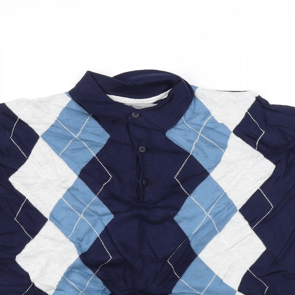 TU Mens Blue Check   Polo Size M