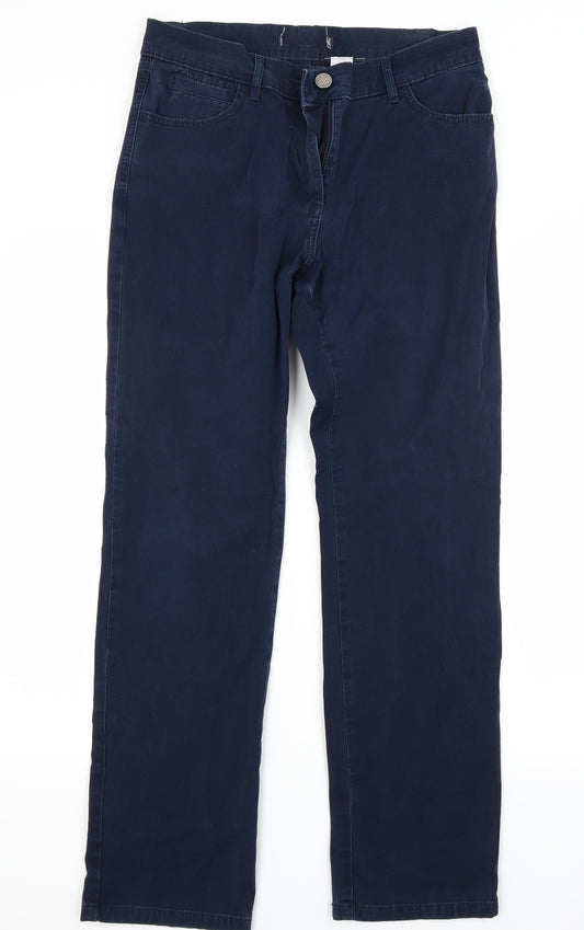 Front view of Preworn women’s blue denim chino trousers, size UK 10, 28-inch leg