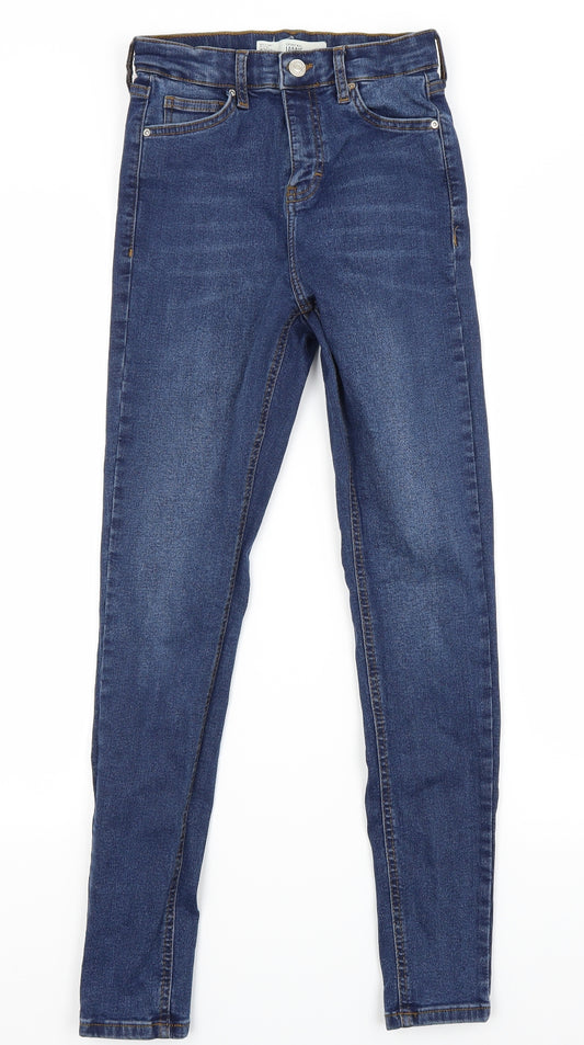 Front view of Topshop women’s blue skinny jeans, size UK 26, in, 27-inch leg