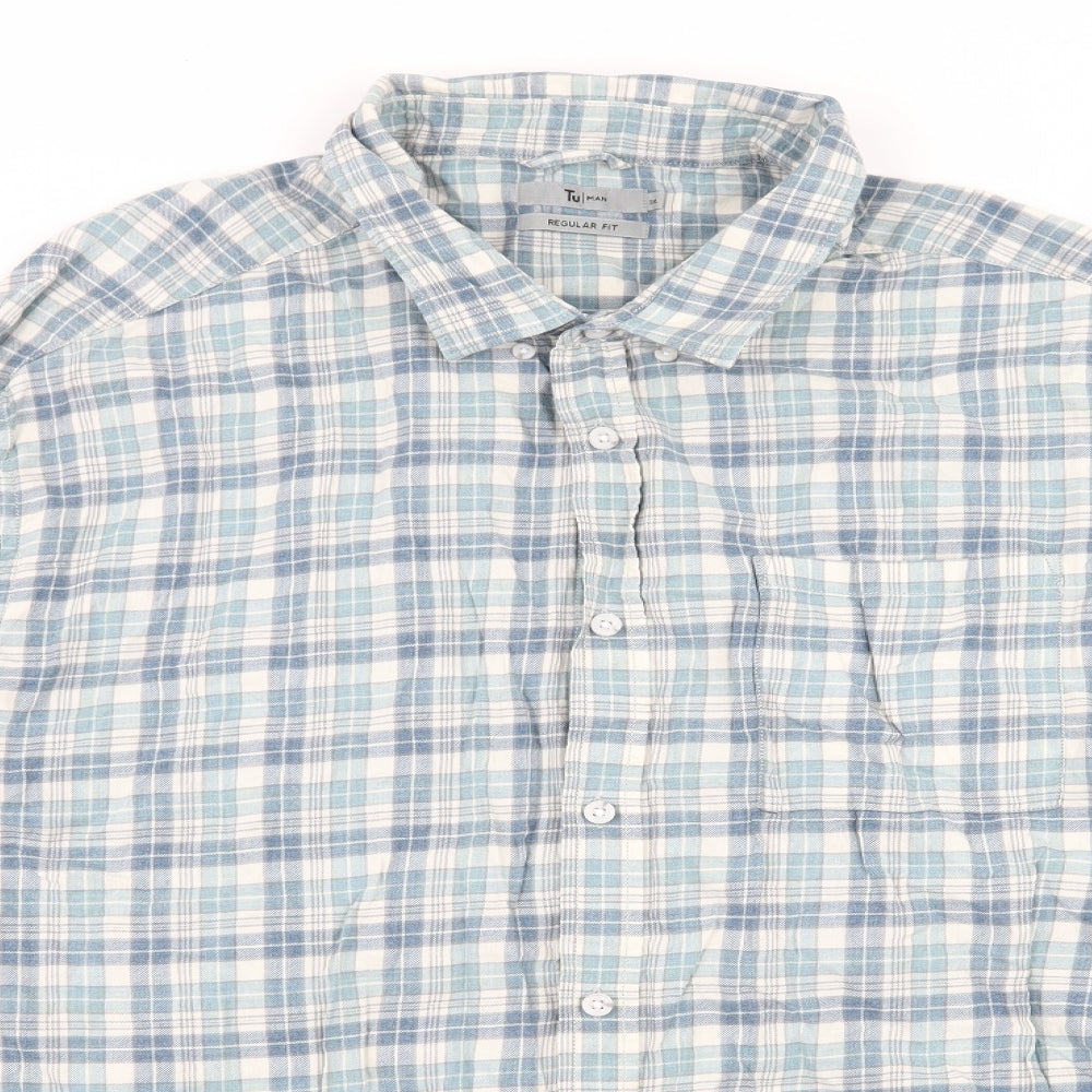 TU Mens Blue Plaid   Button-Up Size 3XL