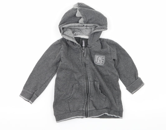 Front view of George boys’ grey jersey full zip jumper, size 12-18, months - roar dinosaur