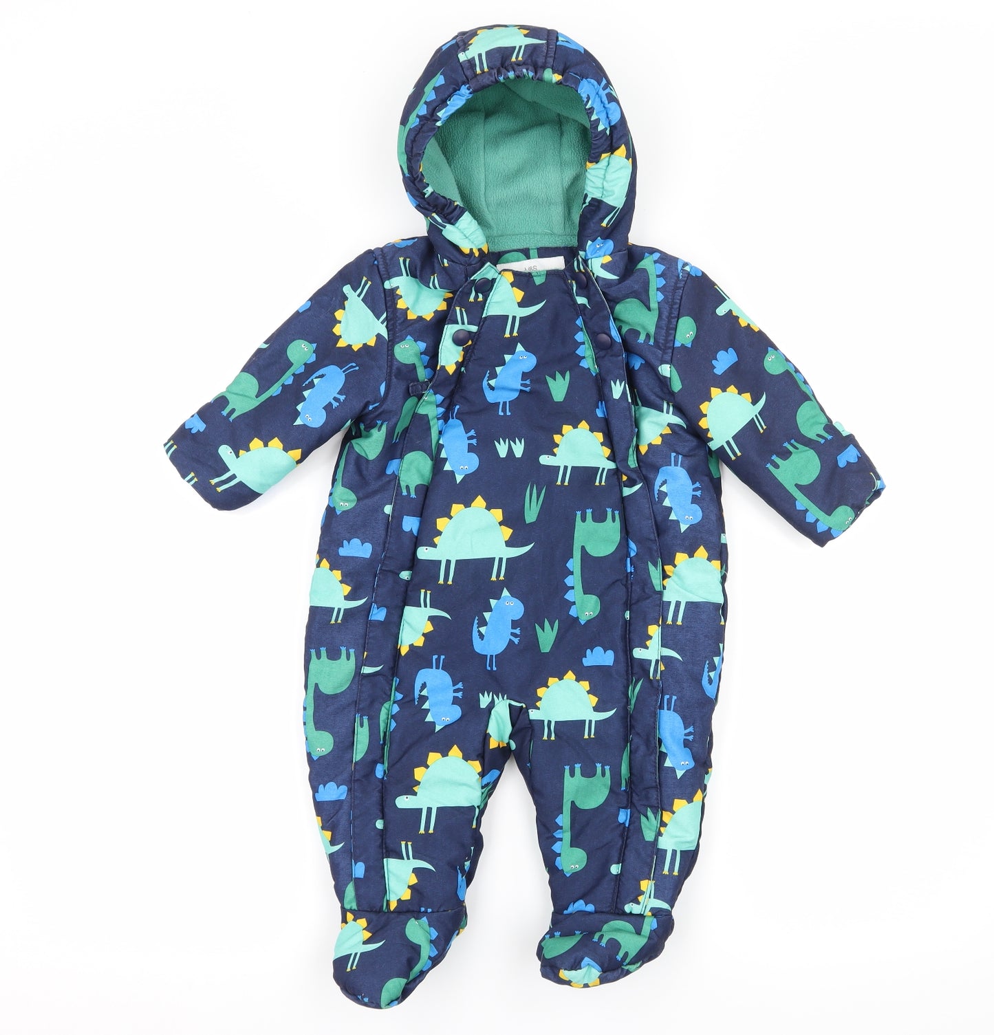 Marks and Spencer Boys Blue Geometric  Basic Coat Snowsuit Size 6-9 Months  - Dinosaurs