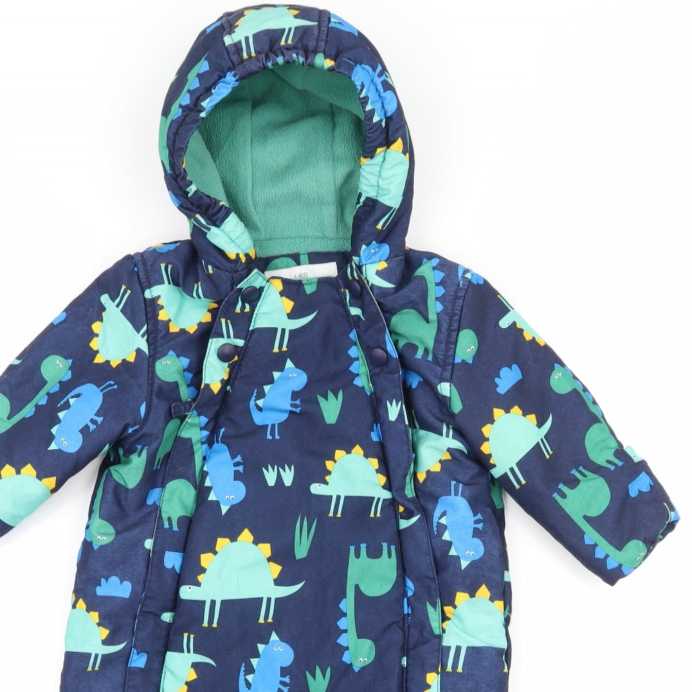 Marks and Spencer Boys Blue Geometric  Basic Coat Snowsuit Size 6-9 Months  - Dinosaurs
