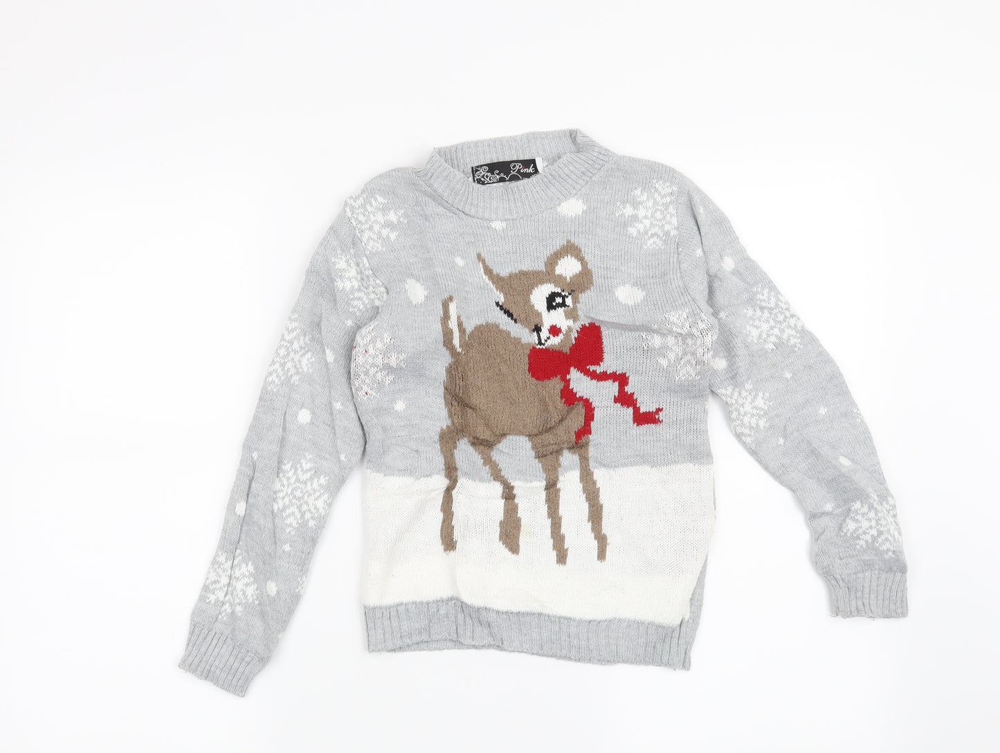 Preworn Girls Grey   Pullover Jumper Size 7-8 Years  - Christmas